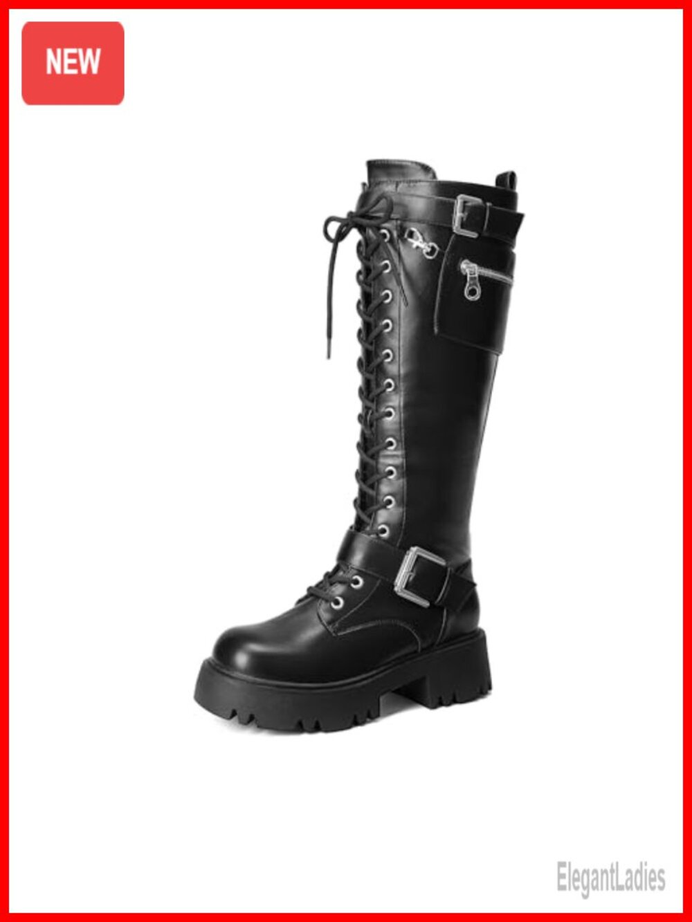 Faux Leather Knee High Combat Boots Platform Heel Lace Up